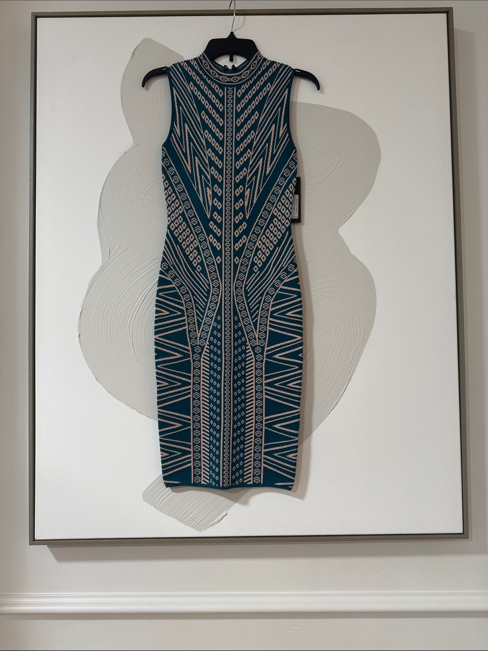 Sleeveless Teal and Cream Geometric Bodycon Dress